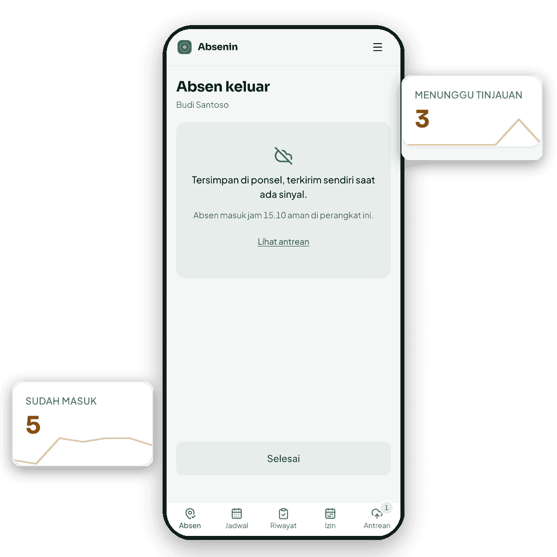 Layar absen karyawan di ponsel dengan status absen tercatat dan antrean offline