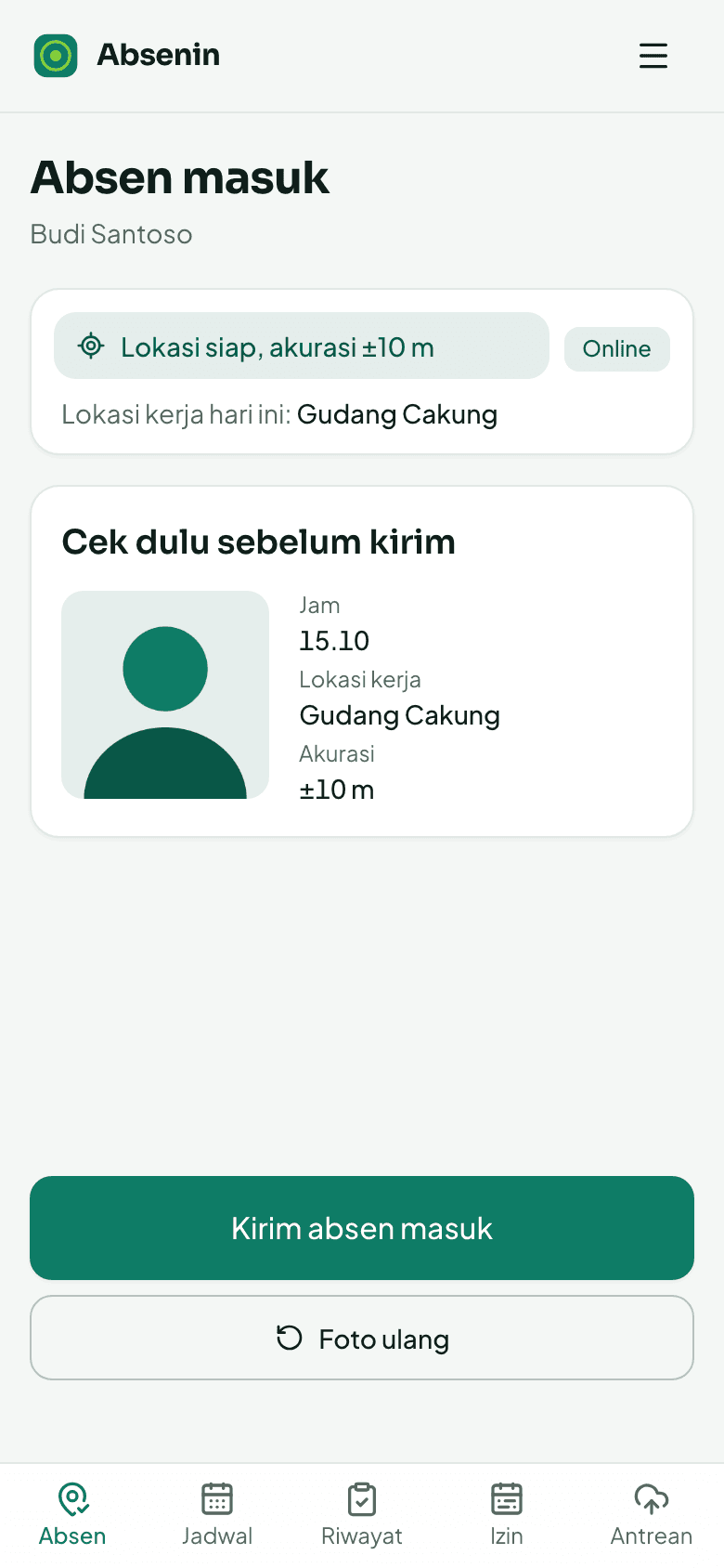 Layar absen karyawan: cek selfie dan status lokasi sebelum dikirim