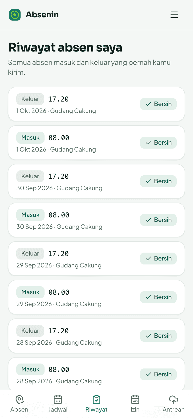 Riwayat absen karyawan, satu baris per kejadian