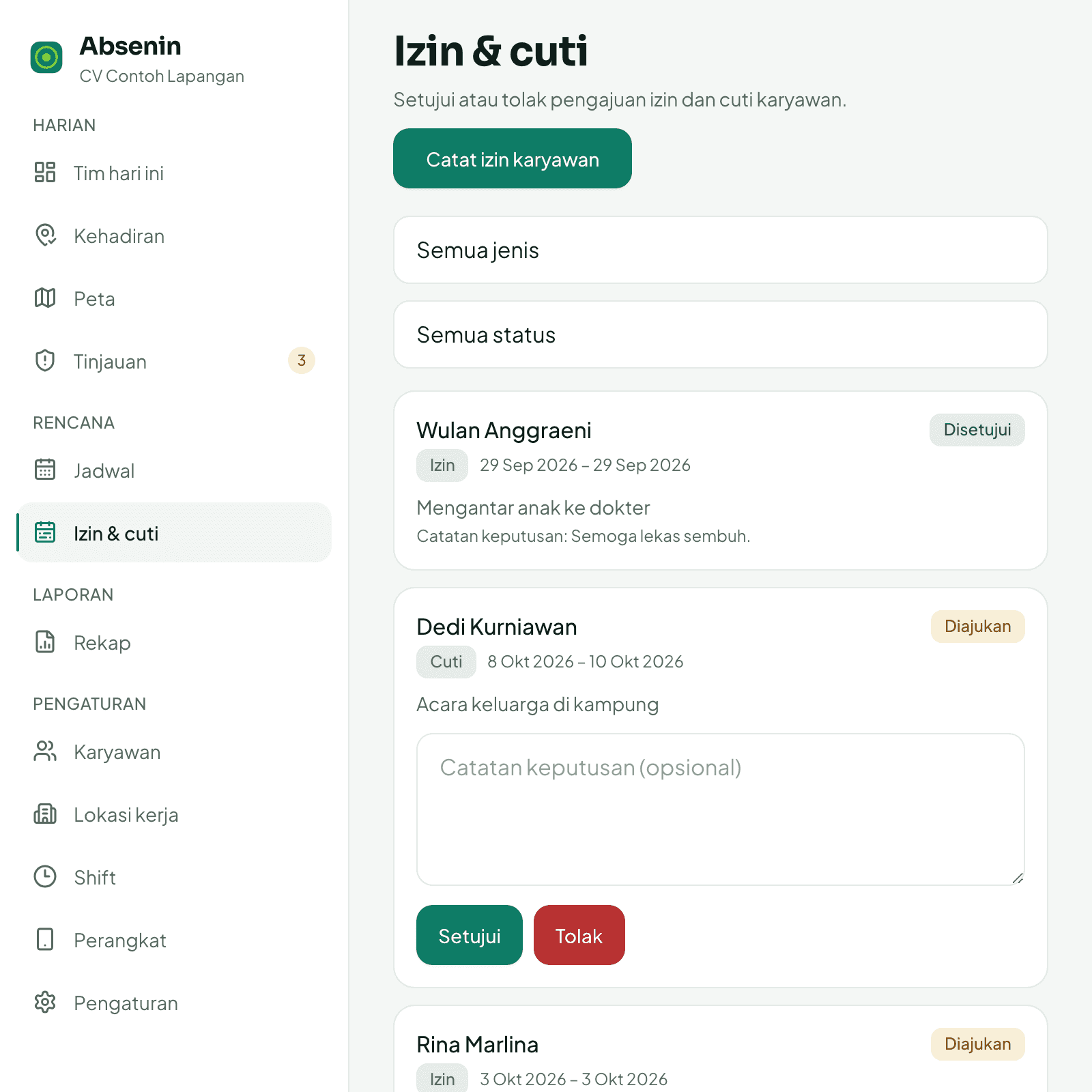 Pengajuan izin dan cuti dengan tombol setujui dan tolak