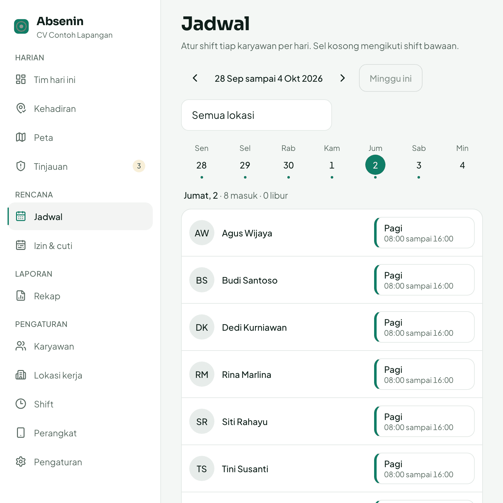 Grid jadwal shift mingguan karyawan dengan hari libur