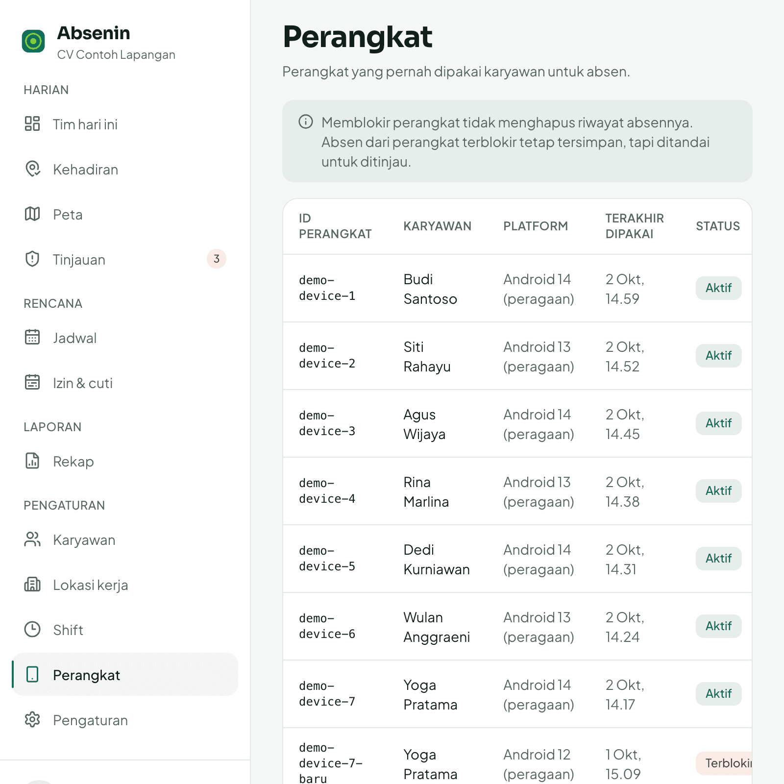 Daftar perangkat karyawan dengan tombol blokir